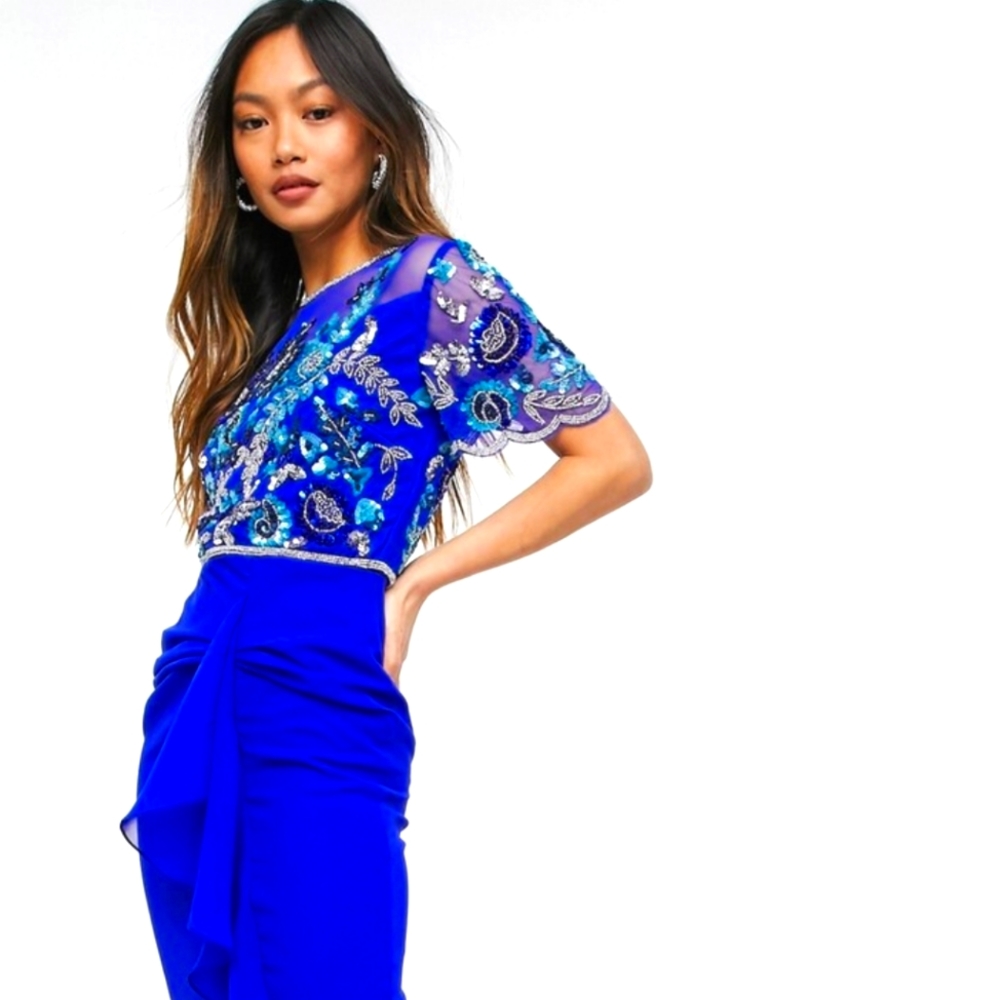 ASOS Blue Embellished Sheer Asymmetrical Dress - Picture 2 of 16